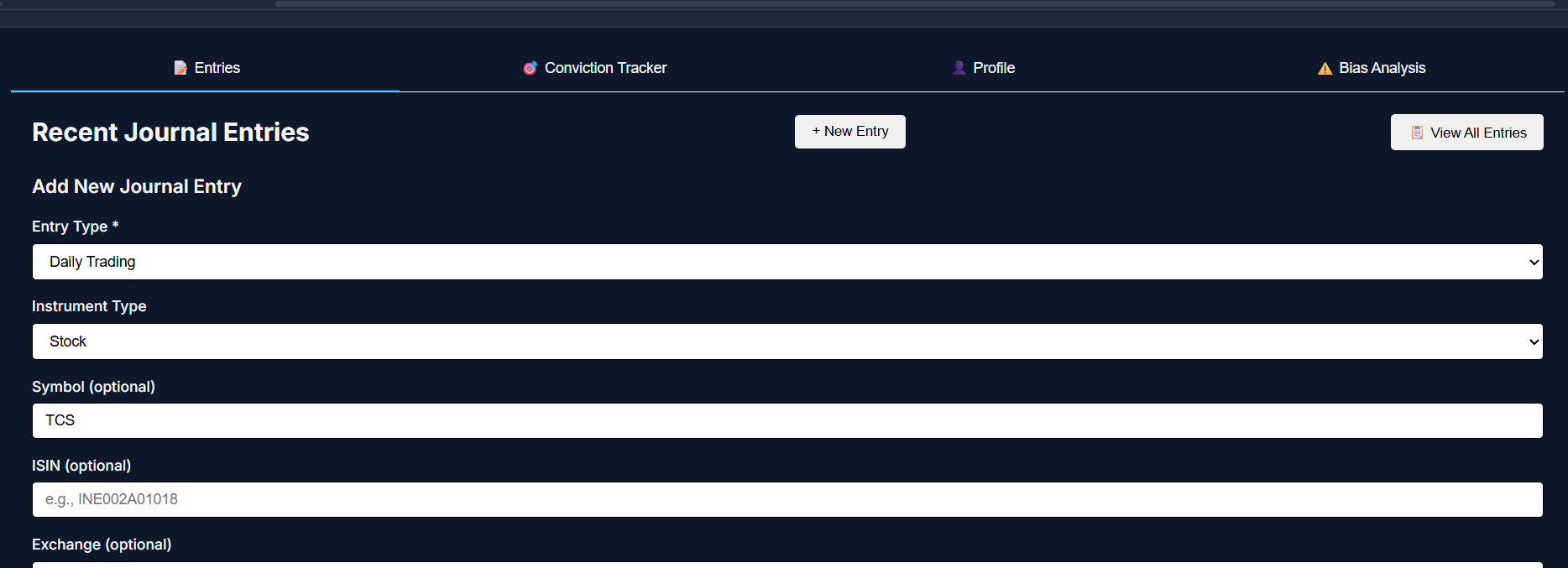 Investment journal dashboard tracking decisions, conviction scores and behavioral insights