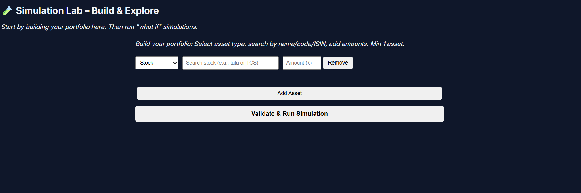Portfolio simulation dashboard with Monte Carlo analysis, risk scenarios and return distribution